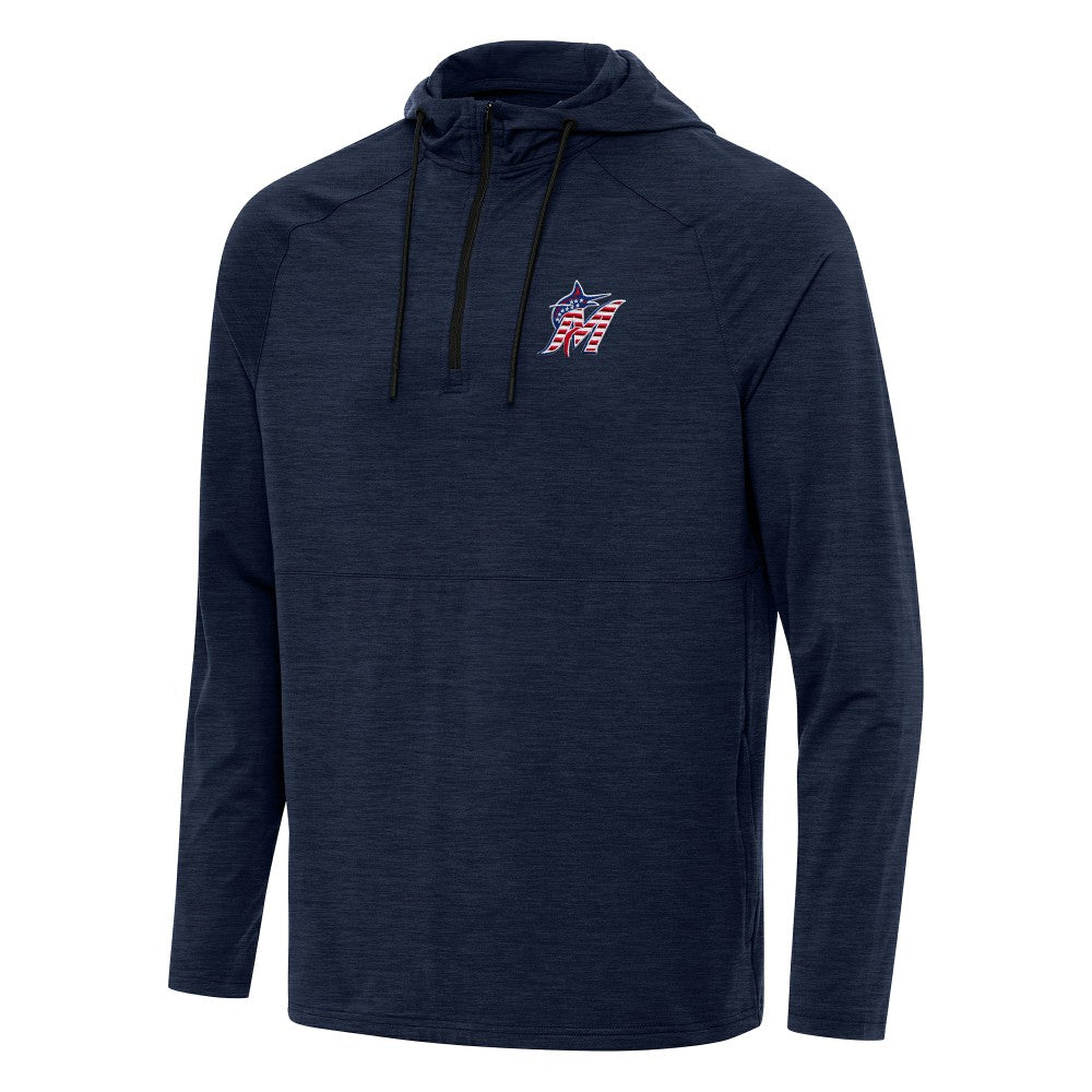 Miami Marlins Antigua Spikes Stars and Stripes Team Logo Quarter-Zip Pullover Hoodie Heather Navy
