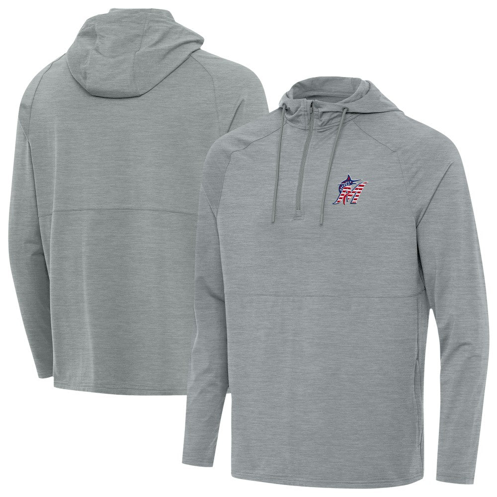 Miami Marlins Antigua Spikes Stars and Stripes Team Logo Quarter-Zip Pullover Hoodie Heather Gray