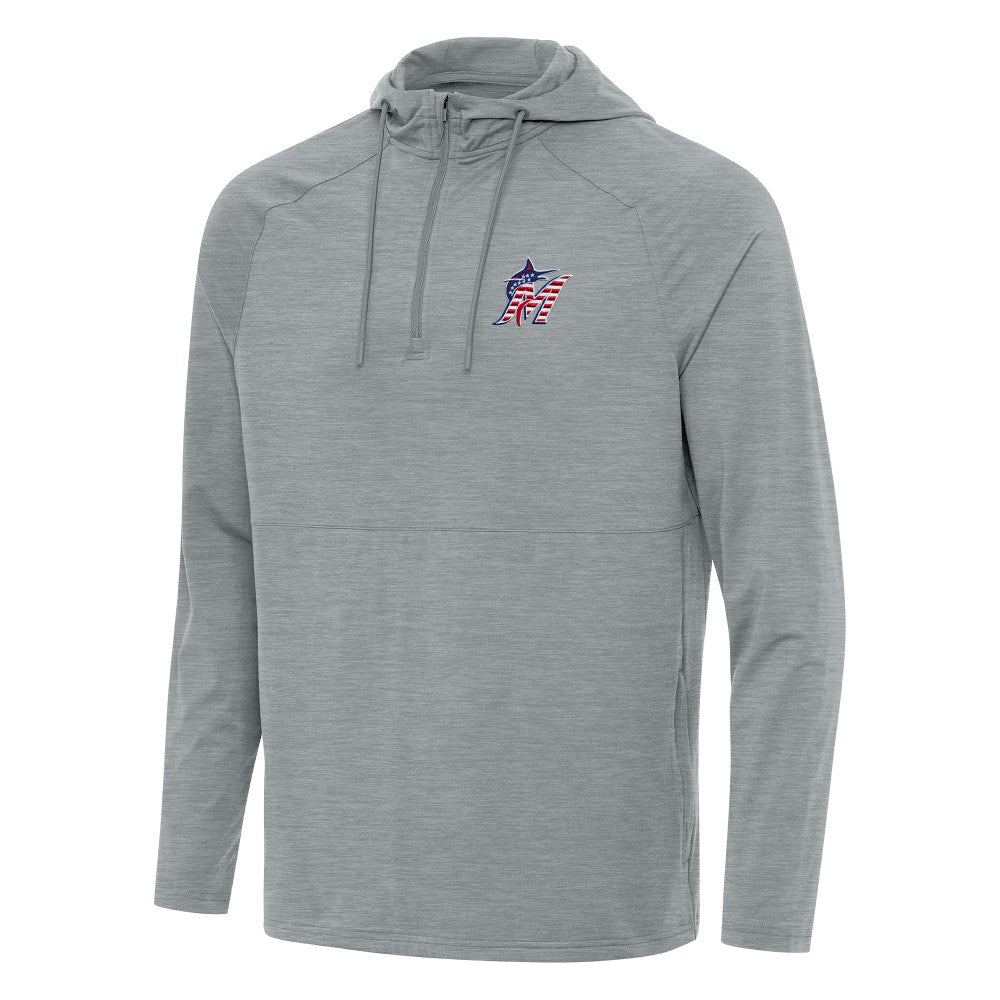 Miami Marlins Antigua Spikes Stars and Stripes Team Logo Quarter-Zip Pullover Hoodie Heather Gray