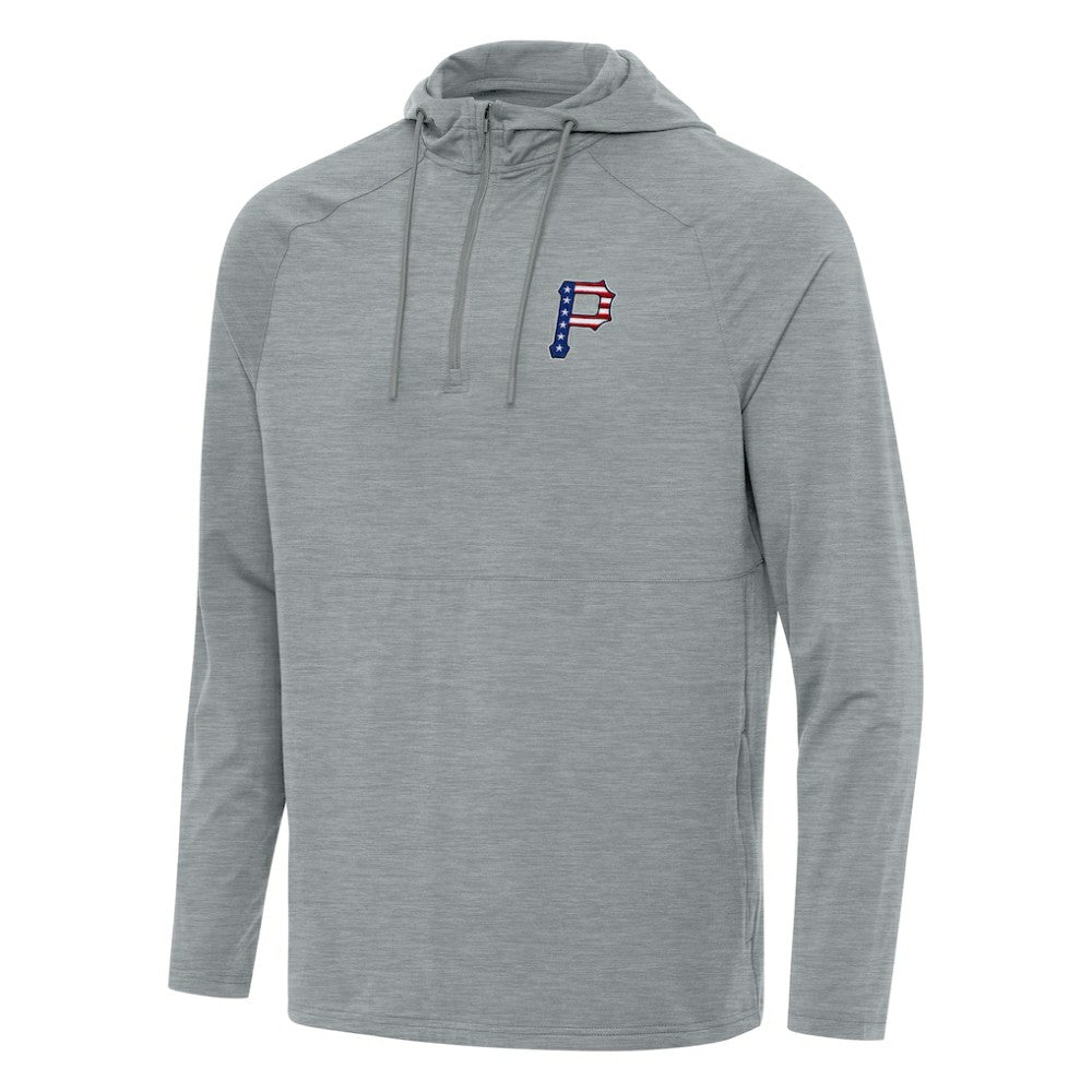 Pittsburgh Pirates Antigua Spikes Stars and Stripes Team Logo Quarter-Zip Pullover Hoodie Heather Gray