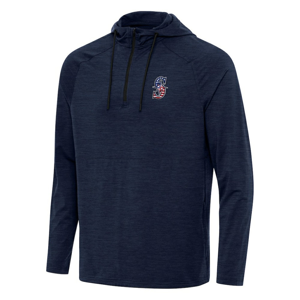 Seattle Mariners Antigua Spikes Stars and Stripes Team Logo Quarter-Zip Pullover Hoodie Heather Navy