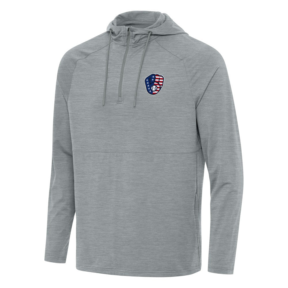 Milwaukee Brewers Antigua Spikes Stars and Stripes Team Logo Quarter-Zip Pullover Hoodie Heather Gray