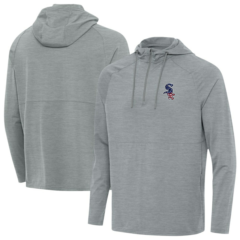 Chicago White Sox Antigua Spikes Stars and Stripes Team Logo Quarter-Zip Pullover Hoodie Heather Gray