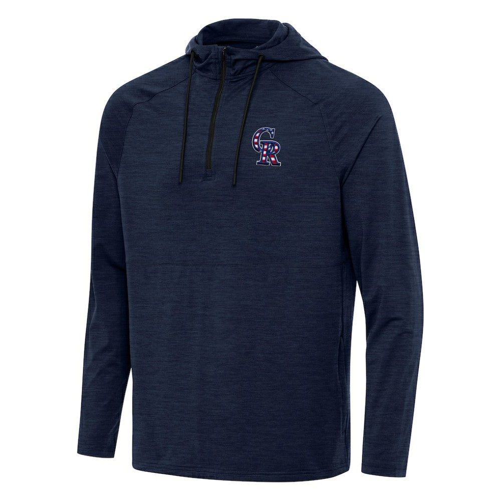 Colorado Rockies Antigua Spikes Stars and Stripes Team Logo Quarter-Zip Pullover Hoodie Heather Navy