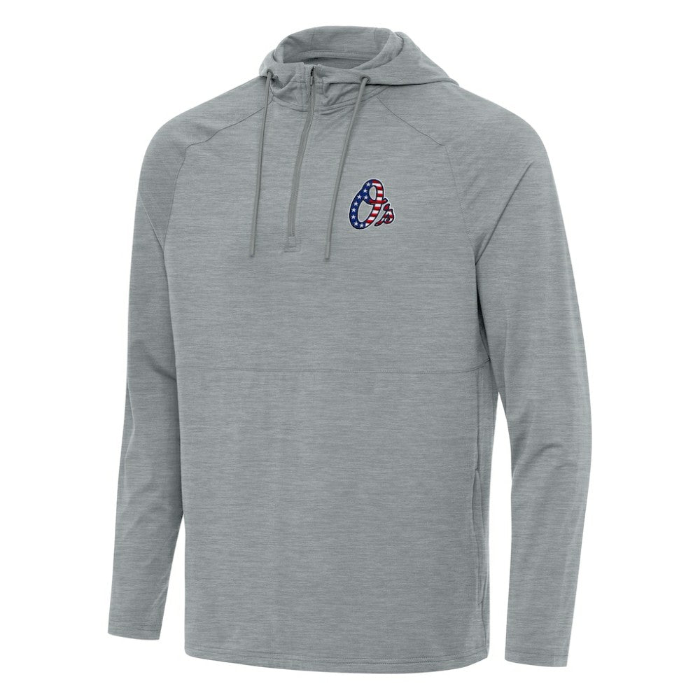 Baltimore Orioles Antigua Spikes Stars and Stripes Team Logo Quarter-Zip Pullover Hoodie Heather Gray