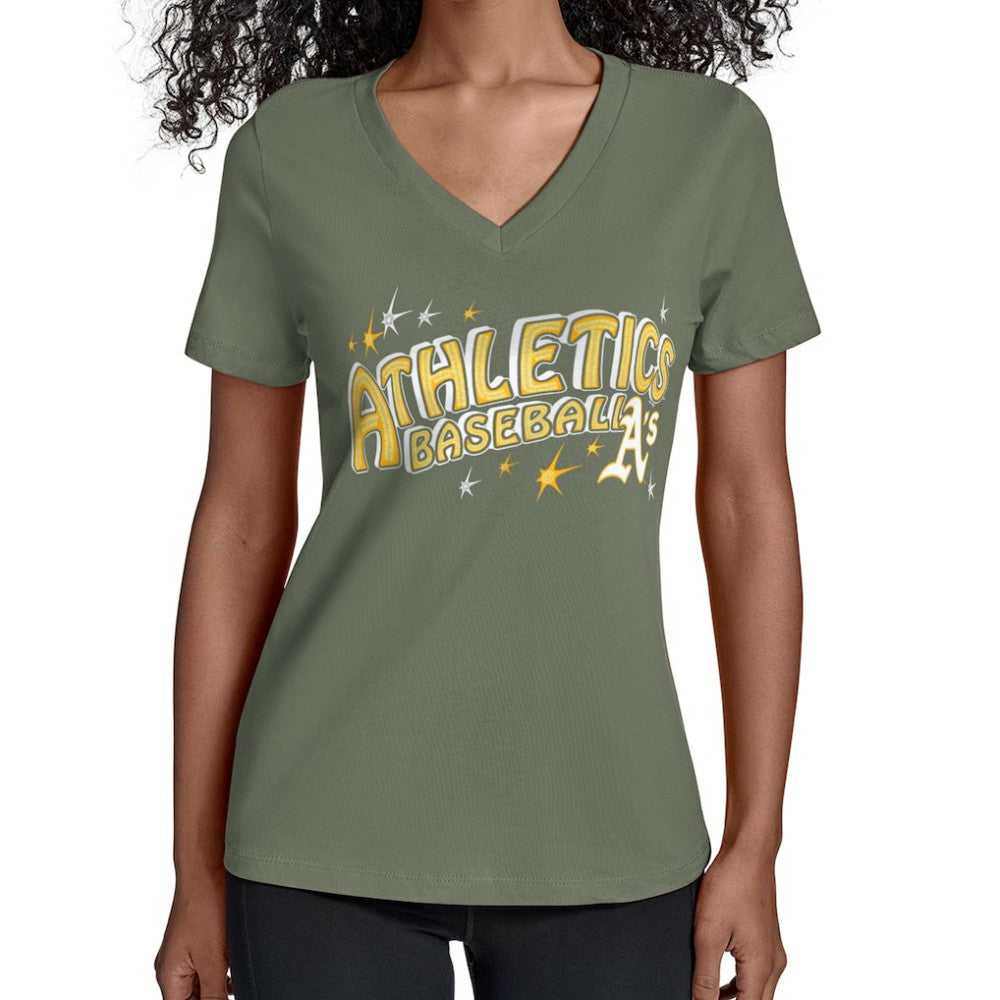 Athletics Starter Women's Fireworks Team Name V-Neck T-Shirt Green