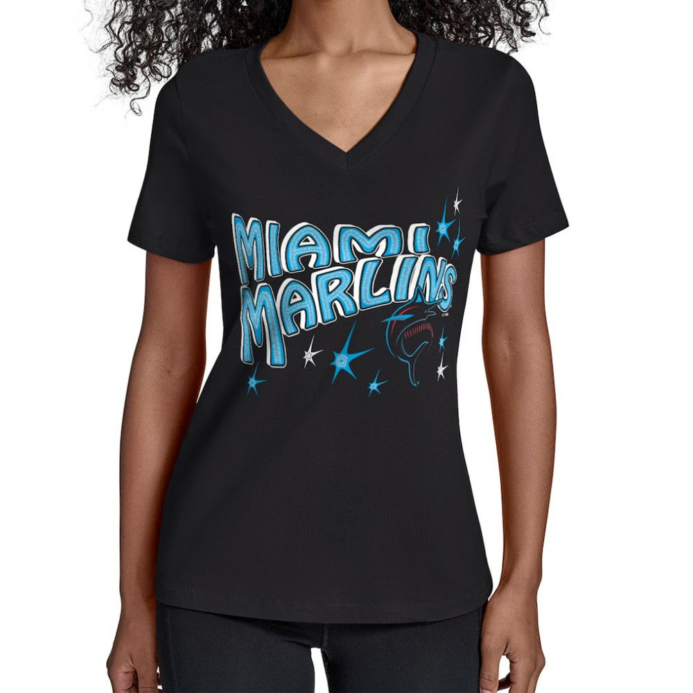 Miami Marlins Starter Women's Fireworks V-Neck T-Shirt Black