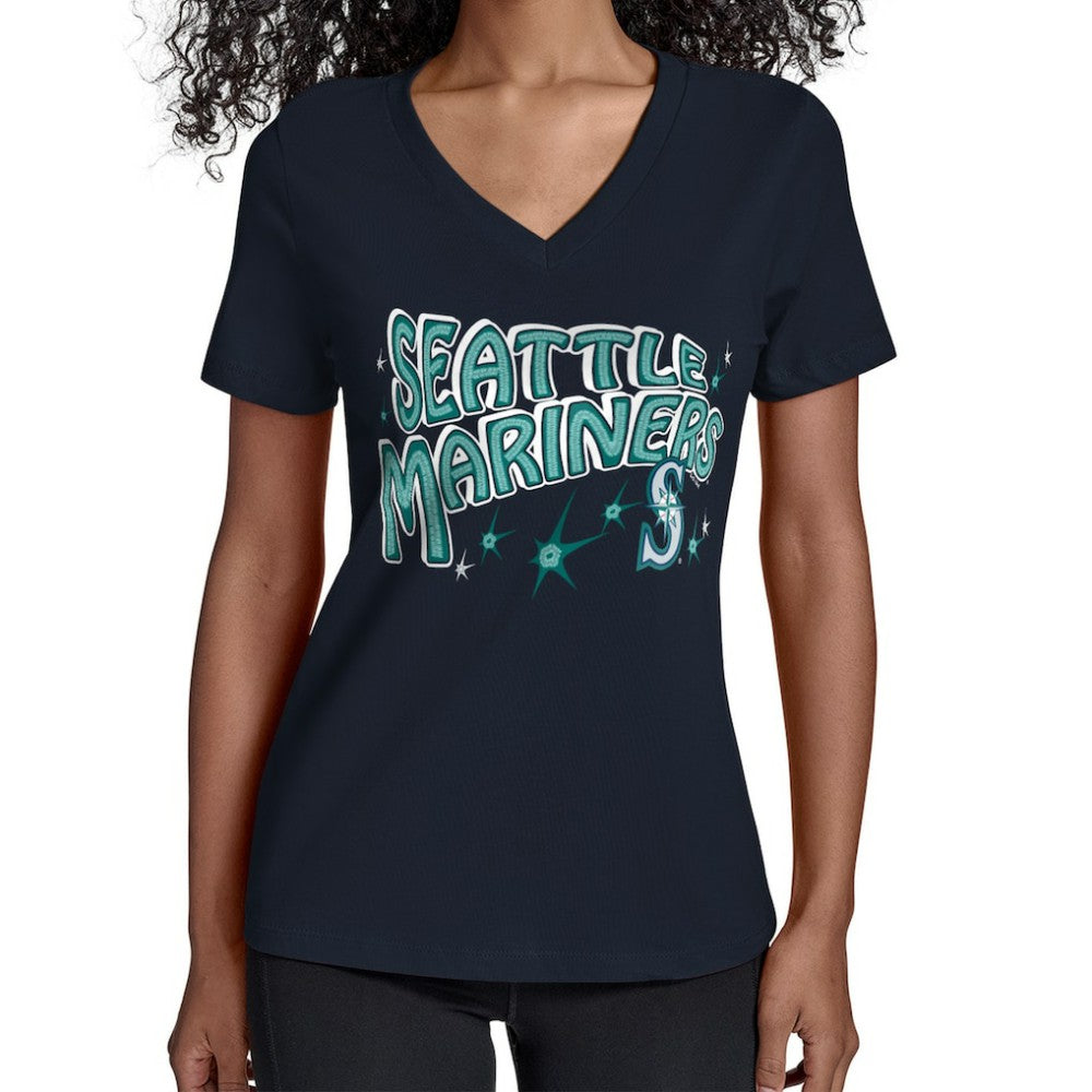 Seattle Mariners Starter Women's Fireworks V-Neck T-Shirt Navy