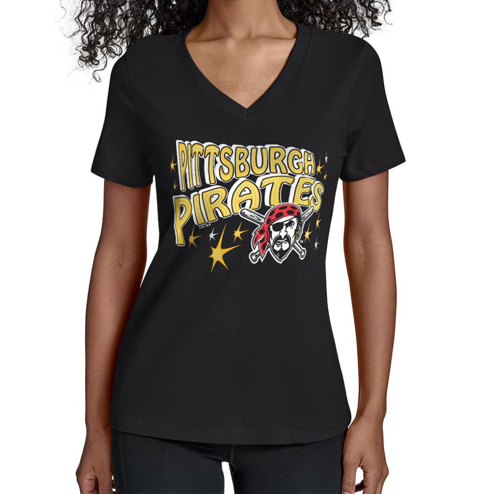 Pittsburgh Pirates Starter Women's Fireworks V-Neck T-Shirt Black