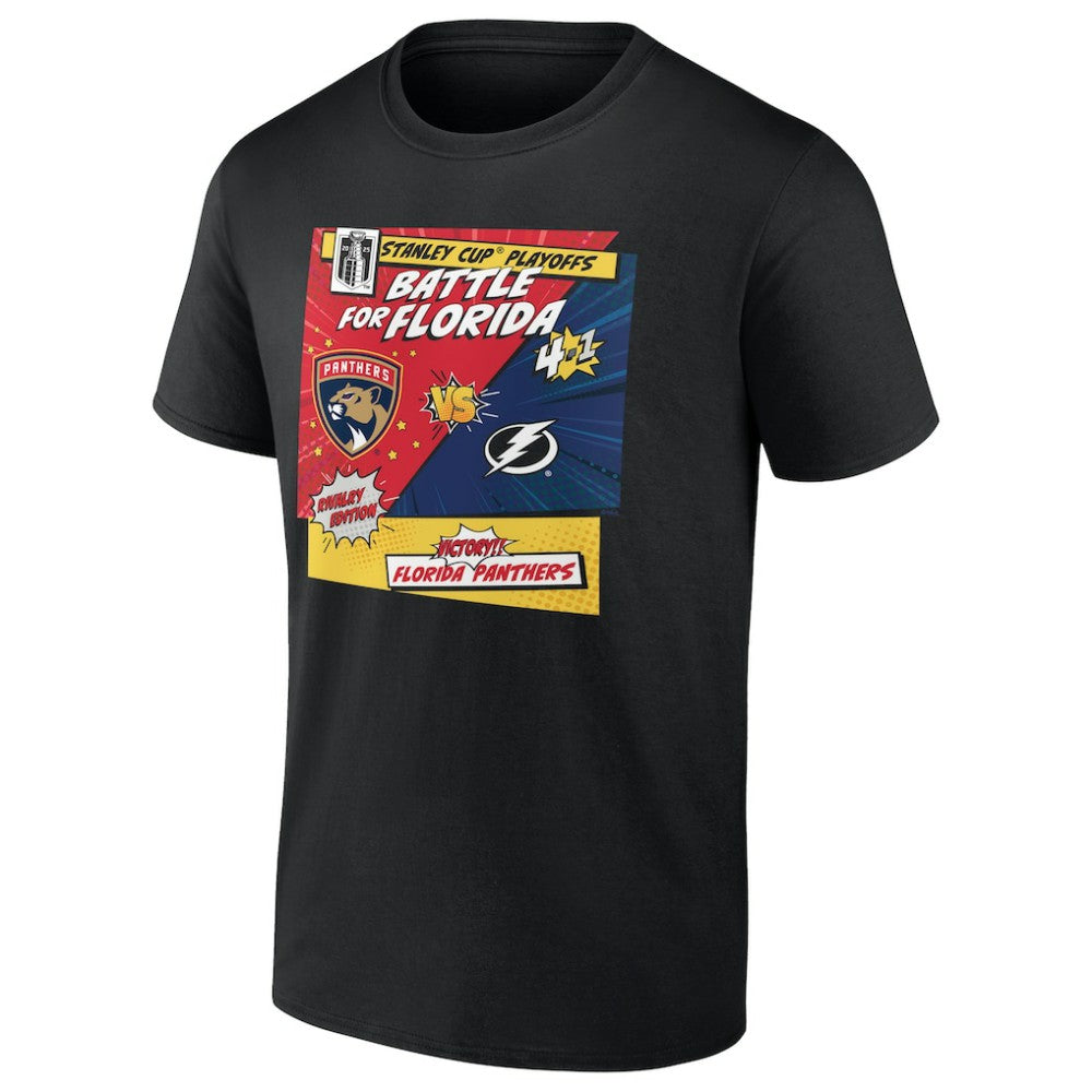 Florida Panthers vs. Tampa Bay Lightning 2025 Stanley Cup Playoffs Rivalry Comic Pop T-Shirt Black
