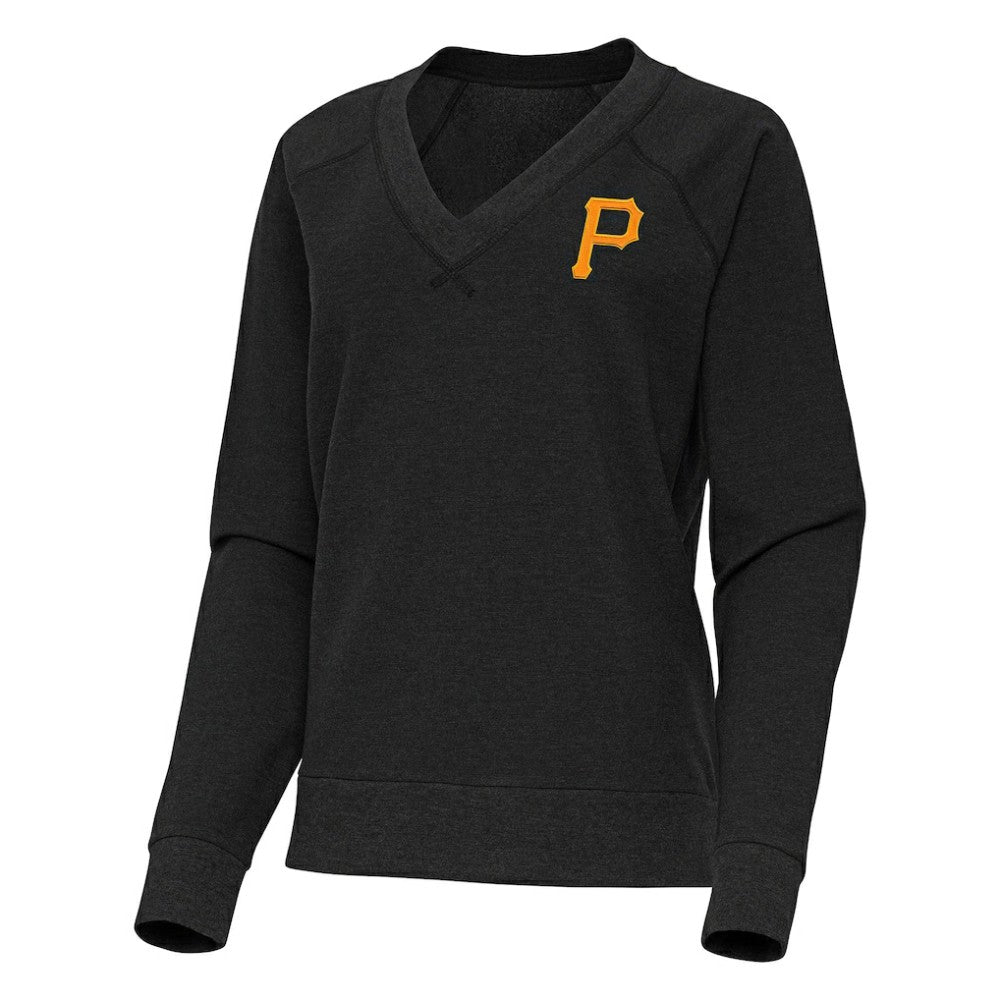 Pittsburgh Pirates Antigua Women's Varsity Tri-Blend V-Neck Long Sleeve T-Shirt Heather Black