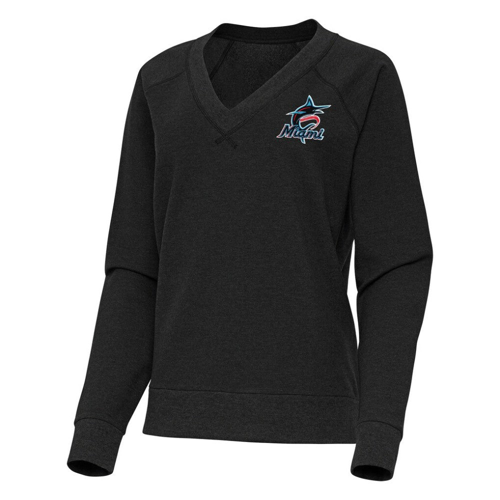 Miami Marlins Antigua Women's Varsity Tri-Blend V-Neck Long Sleeve T-Shirt Heather Black