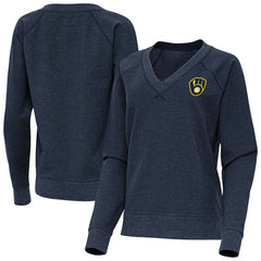 Milwaukee Brewers Antigua Women's Varsity Tri-Blend V-Neck Long Sleeve T-Shirt Heather Navy