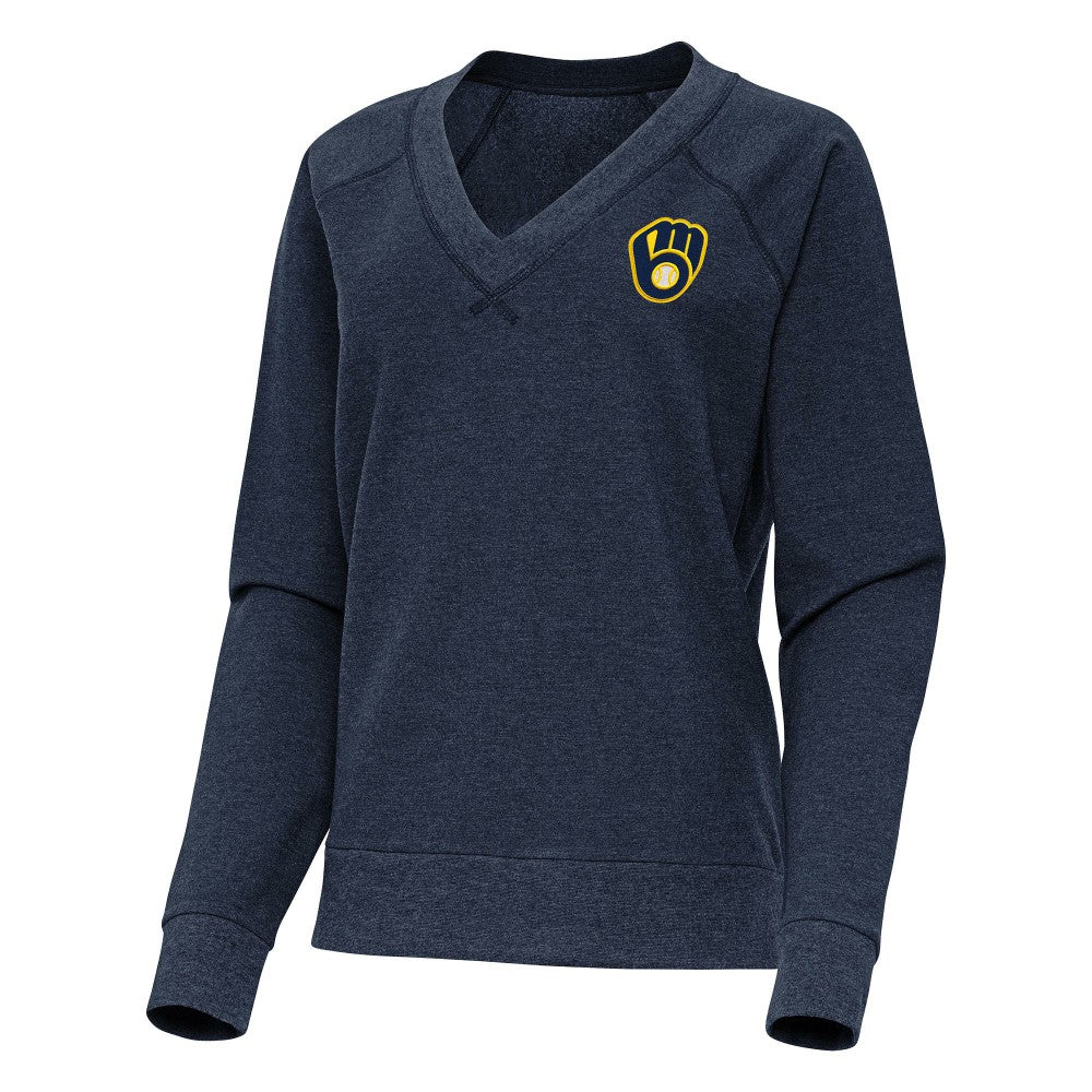 Milwaukee Brewers Antigua Women's Varsity Tri-Blend V-Neck Long Sleeve T-Shirt Heather Navy