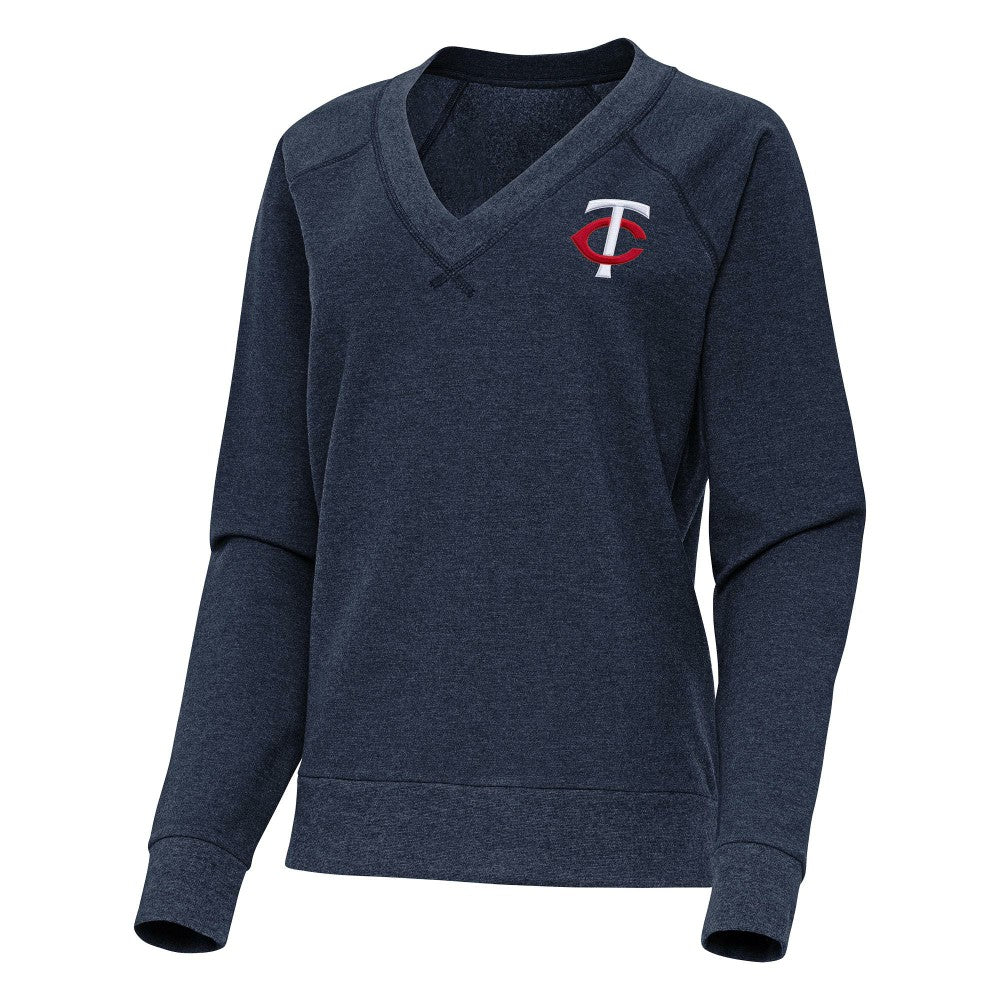 Minnesota Twins Antigua Women's Varsity Tri-Blend V-Neck Long Sleeve T-Shirt Heather Navy
