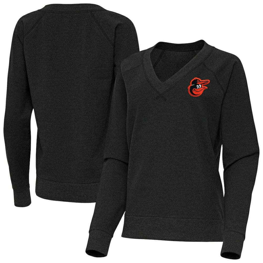 Baltimore Orioles Antigua Women's Varsity Tri-Blend V-Neck Long Sleeve T-Shirt Heather Black