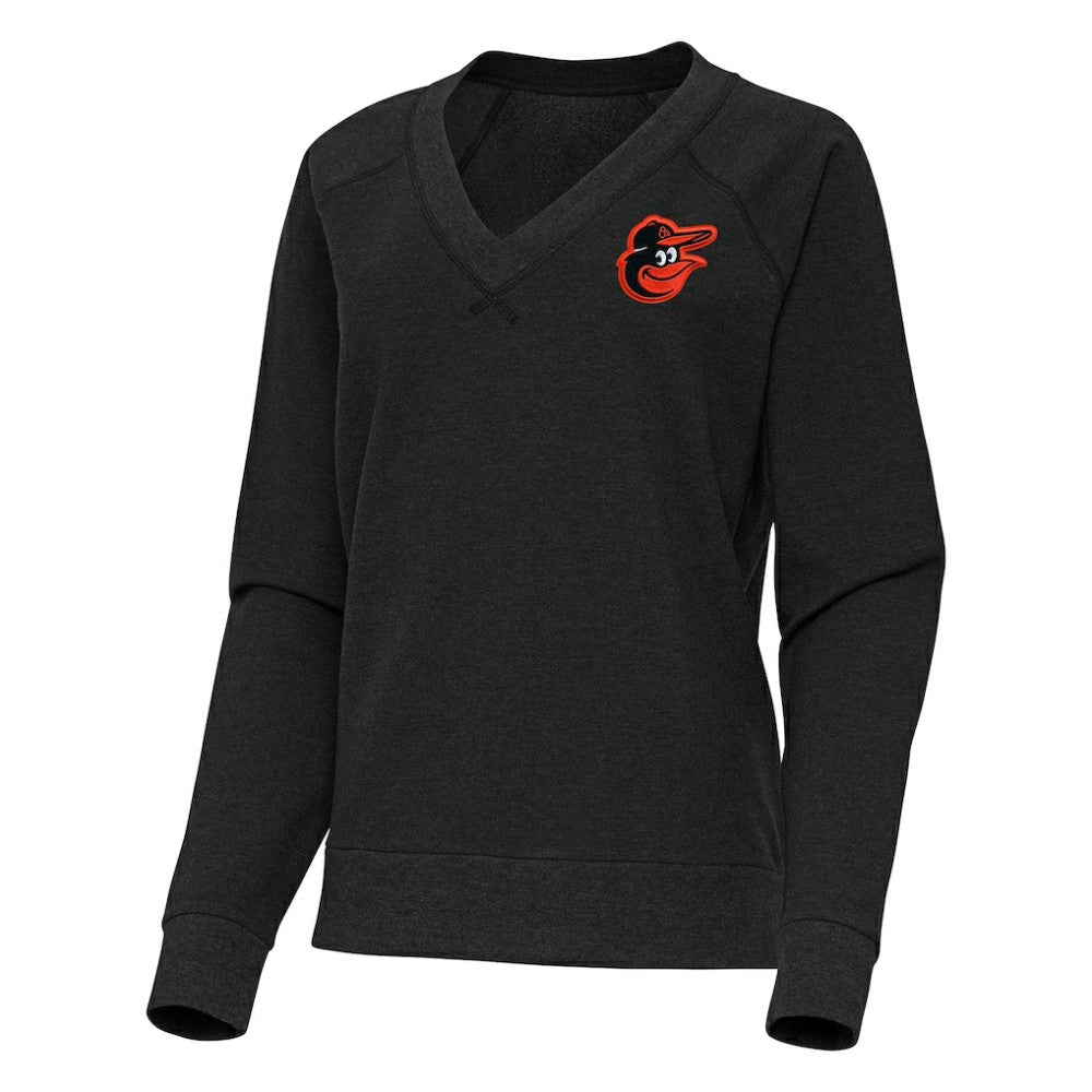 Baltimore Orioles Antigua Women's Varsity Tri-Blend V-Neck Long Sleeve T-Shirt Heather Black
