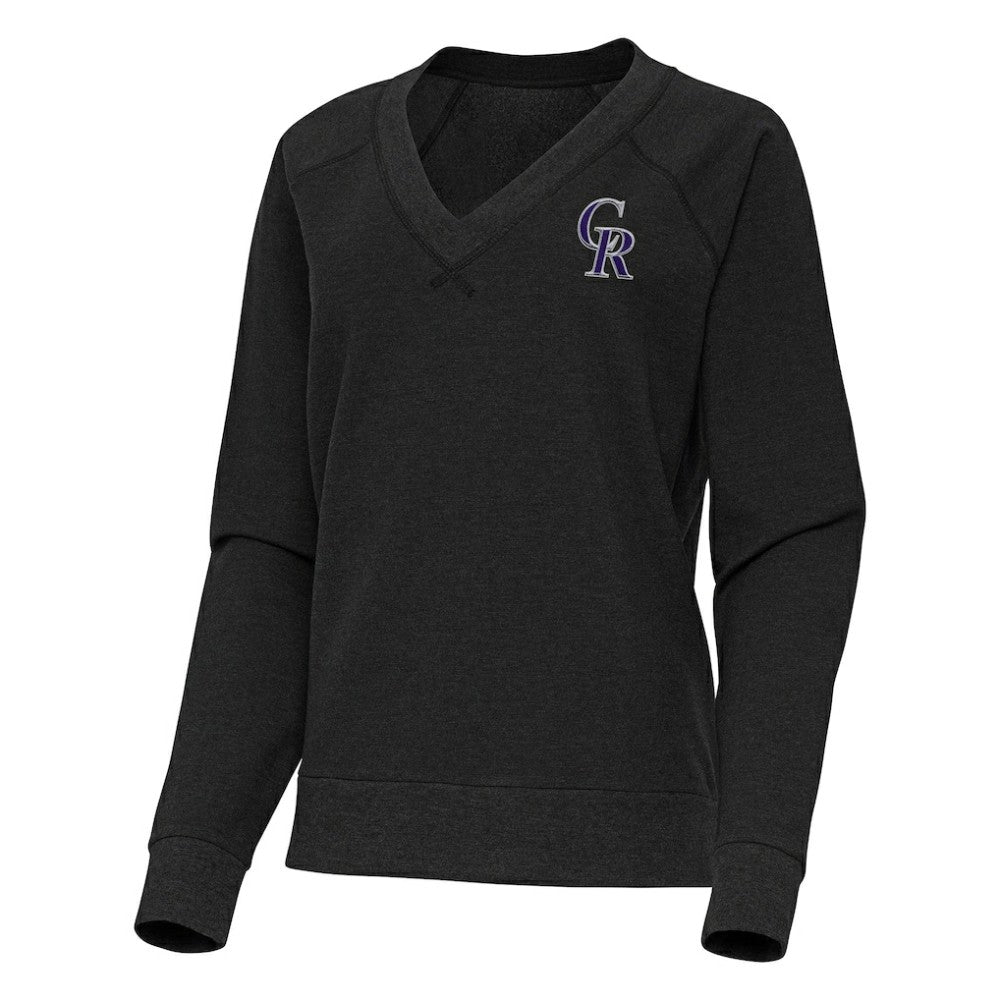 Colorado Rockies Antigua Women's Varsity Tri-Blend V-Neck Long Sleeve T-Shirt Heather Black