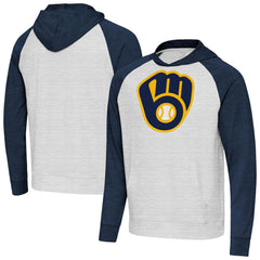 Milwaukee Brewers Antigua Urgent Pullover Hoodie Heather Navy/Gray