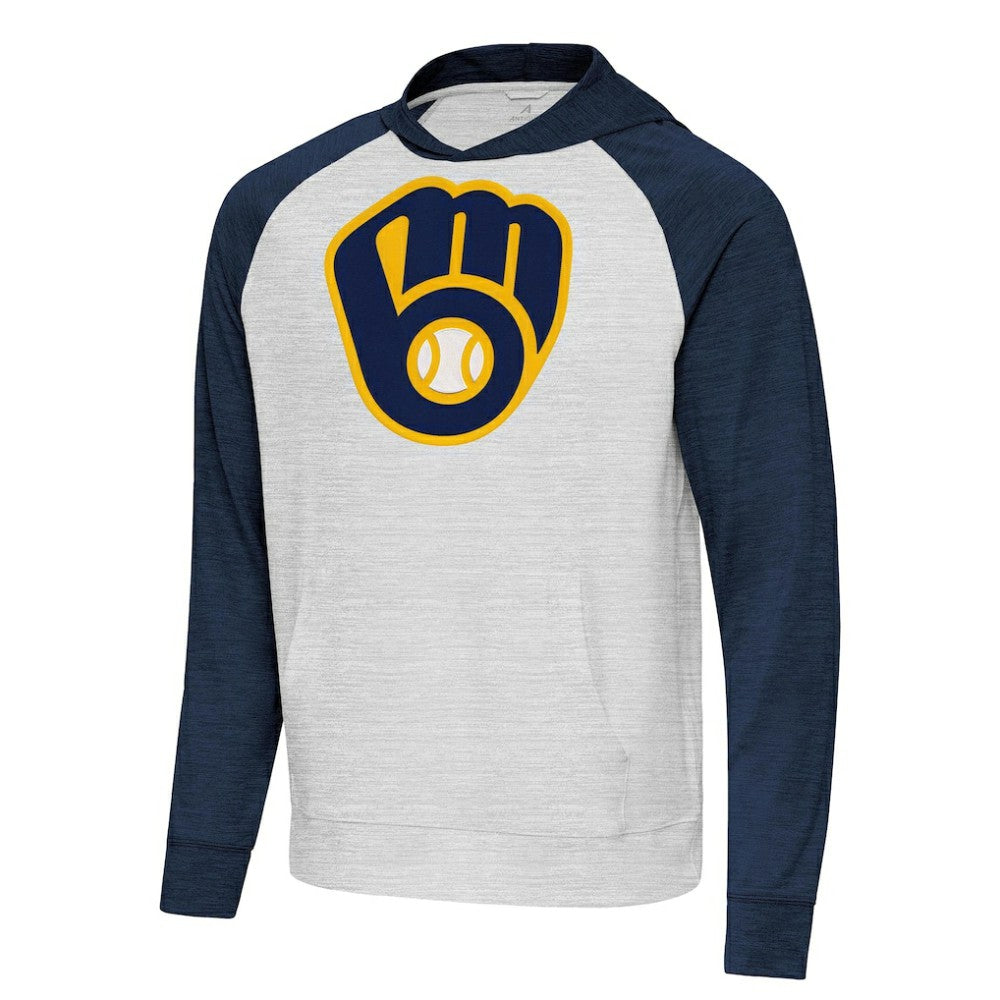 Milwaukee Brewers Antigua Urgent Pullover Hoodie Heather Navy/Gray
