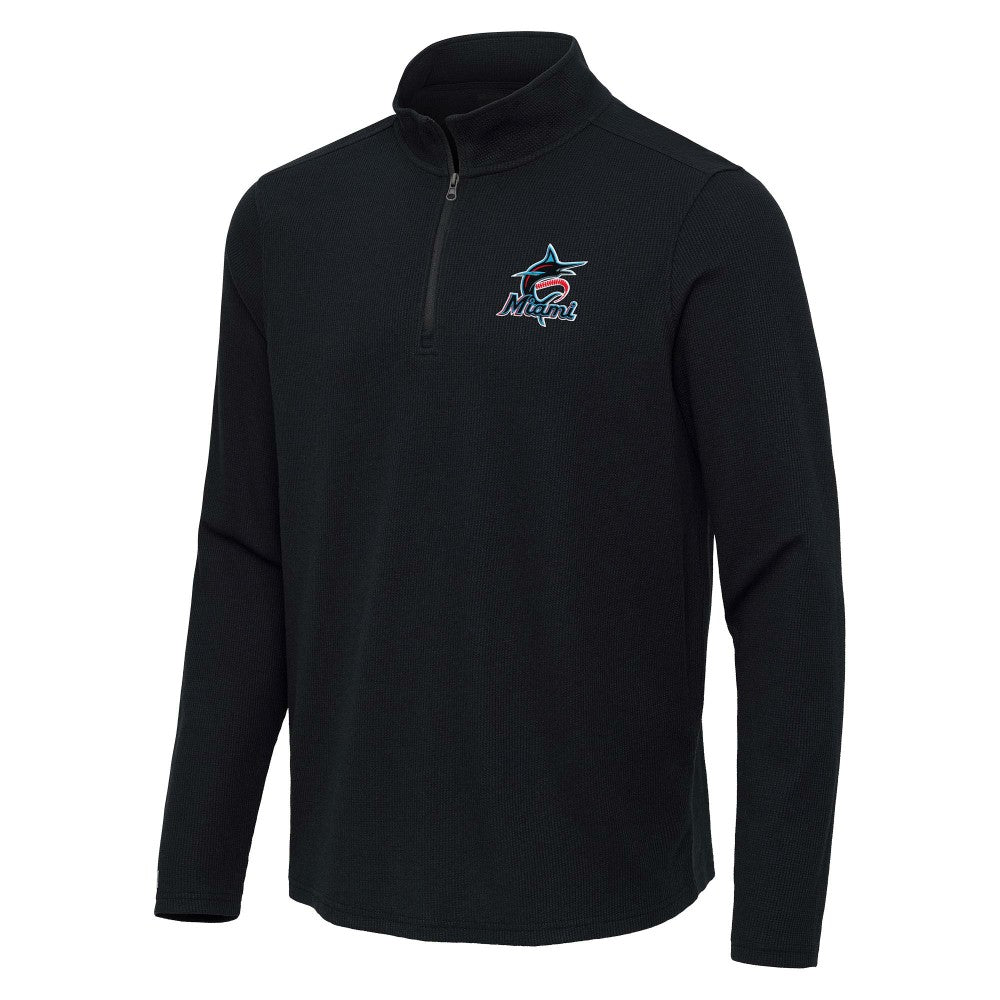 Miami Marlins Antigua Sync Tri-Blend Quarter-Zip Pullover Heather Black