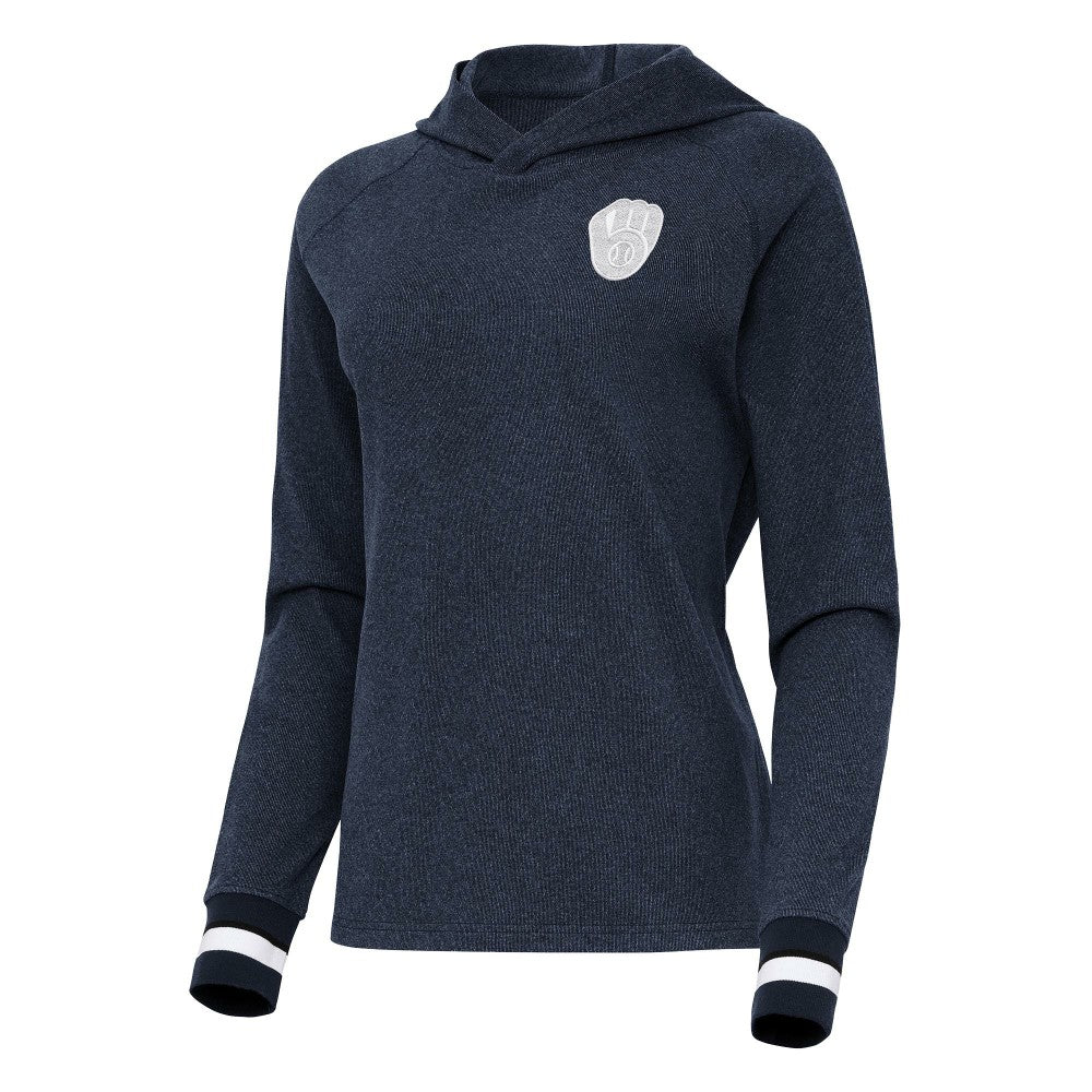 Milwaukee Brewers Antigua Women's Trek Pullover Hoodie Heather Navy