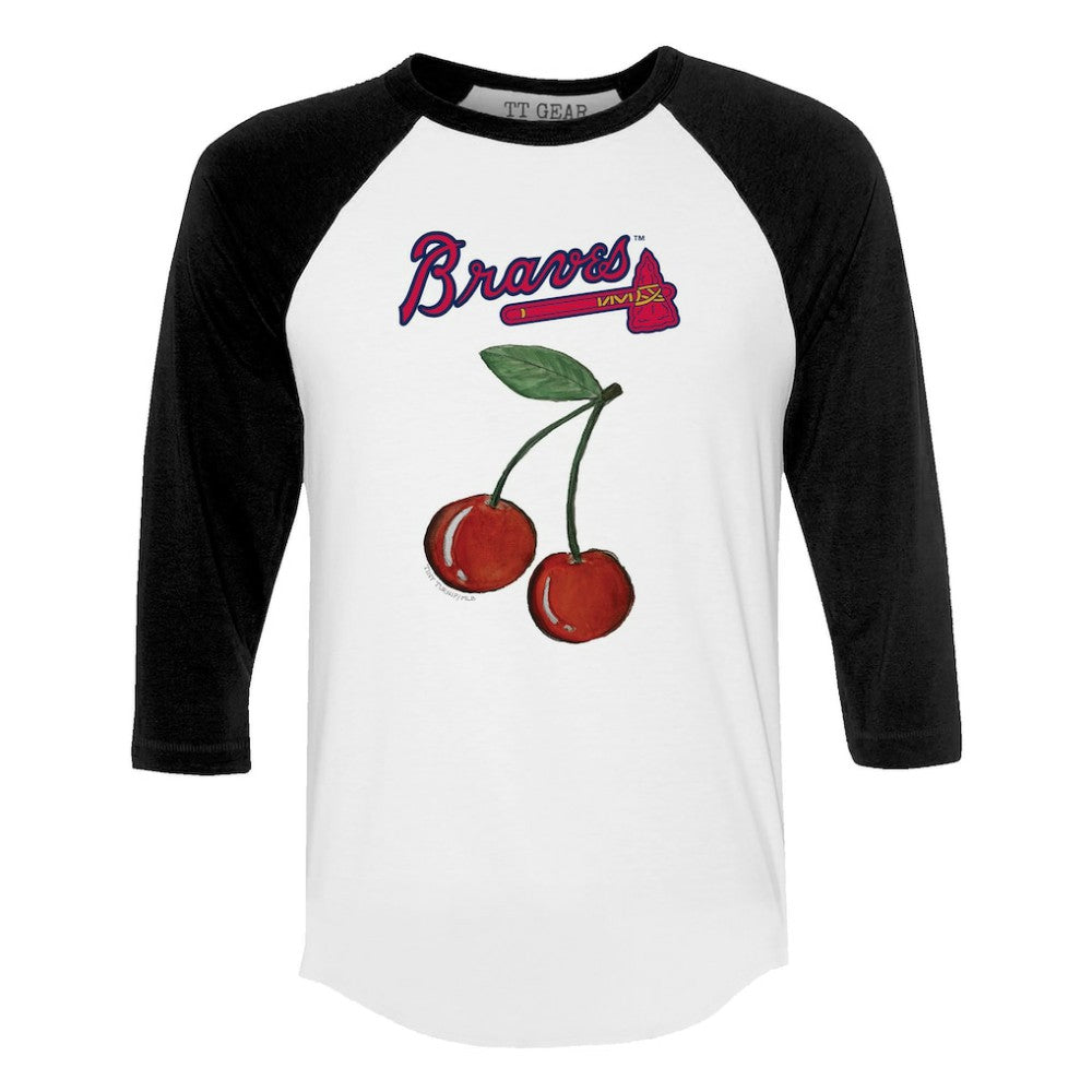 Atlanta Braves Tiny Turnip Women's Cherries 3/4-Sleeve Raglan Baseball T-Shirt White