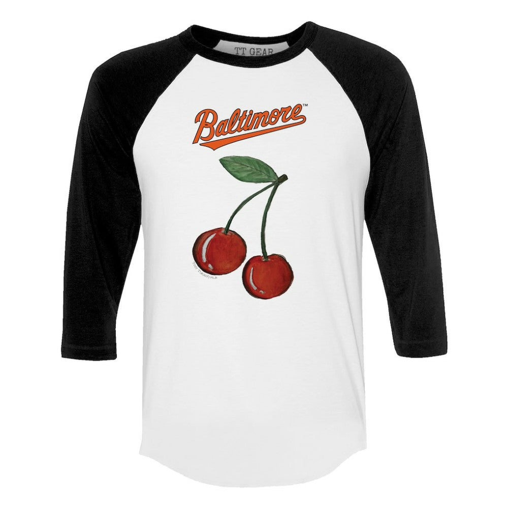 Baltimore Orioles Tiny Turnip Women's Cherries 3/4-Sleeve Raglan Baseball T-Shirt White