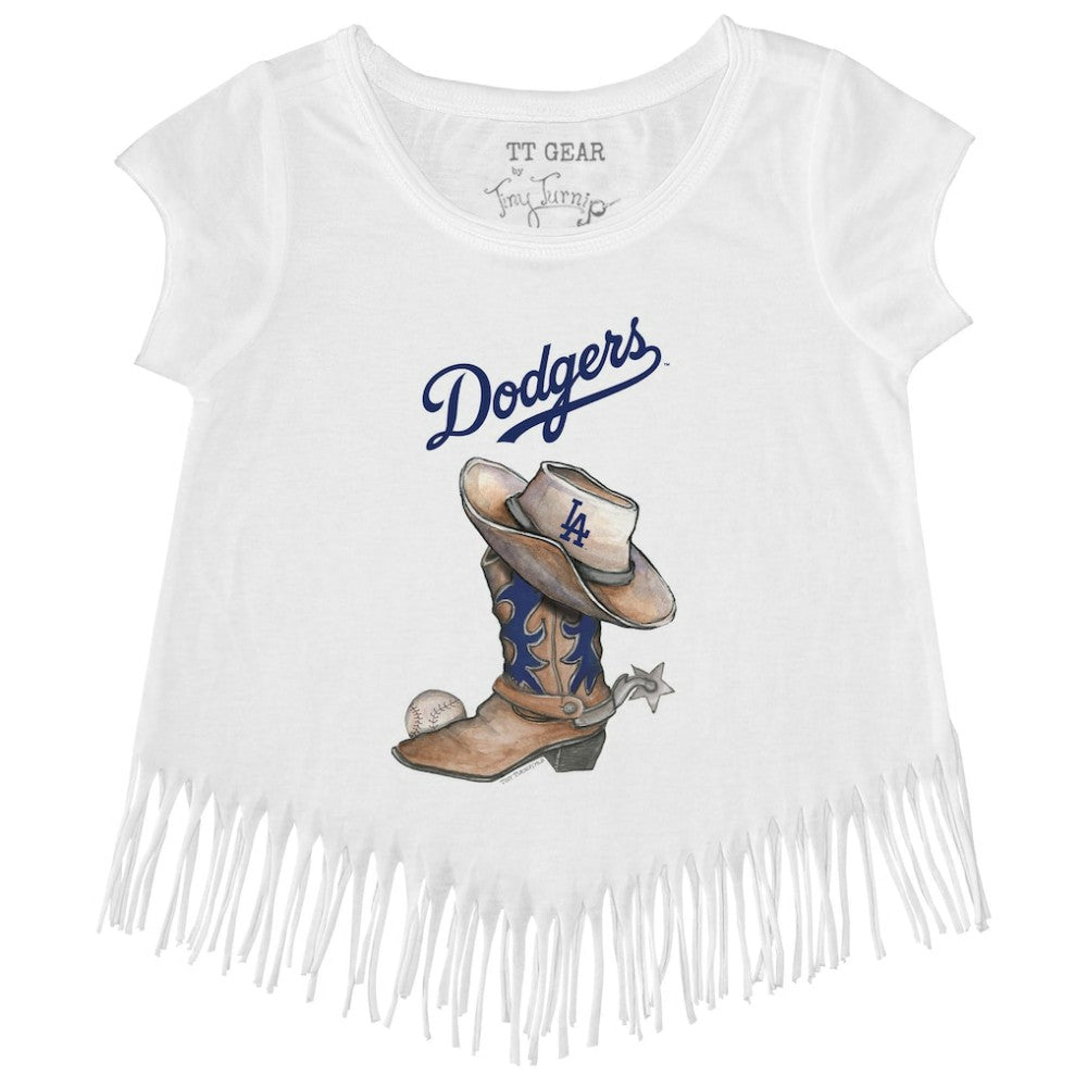 Los Angeles Dodgers Tiny Turnip Girls Youth Cowboy Boot Fringe T-Shirt White