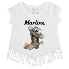 Miami Marlins Tiny Turnip Girls Youth Cowboy Boot Fringe T-Shirt White
