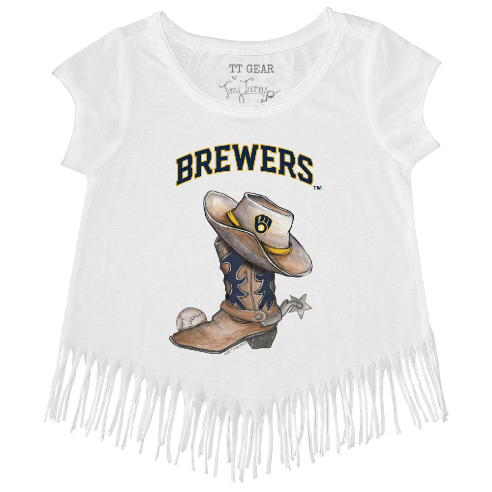 Milwaukee Brewers Tiny Turnip Girls Youth Cowboy Boot Fringe T-Shirt White