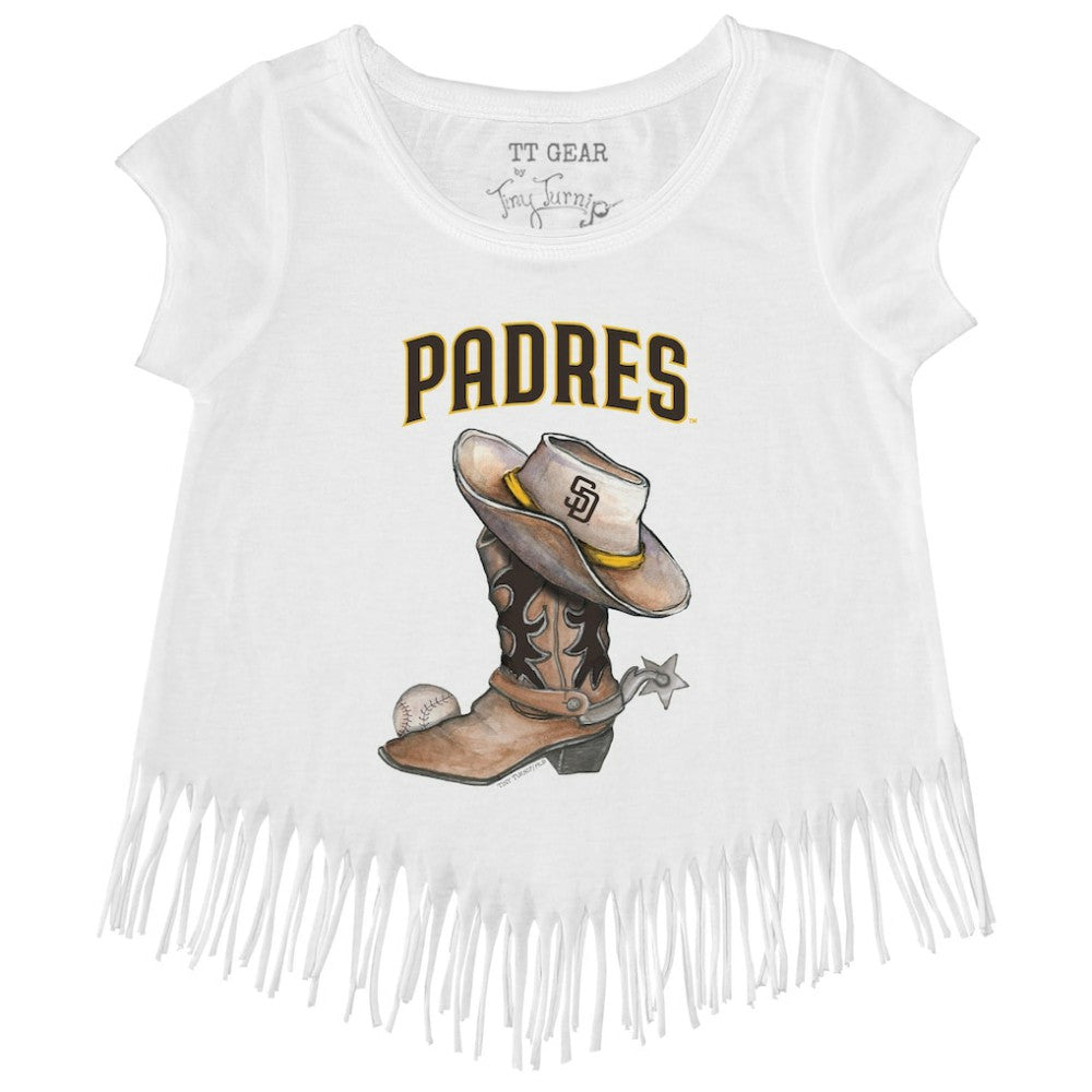 San Diego Padres Tiny Turnip Girls Youth Cowboy Boot Fringe T-Shirt White