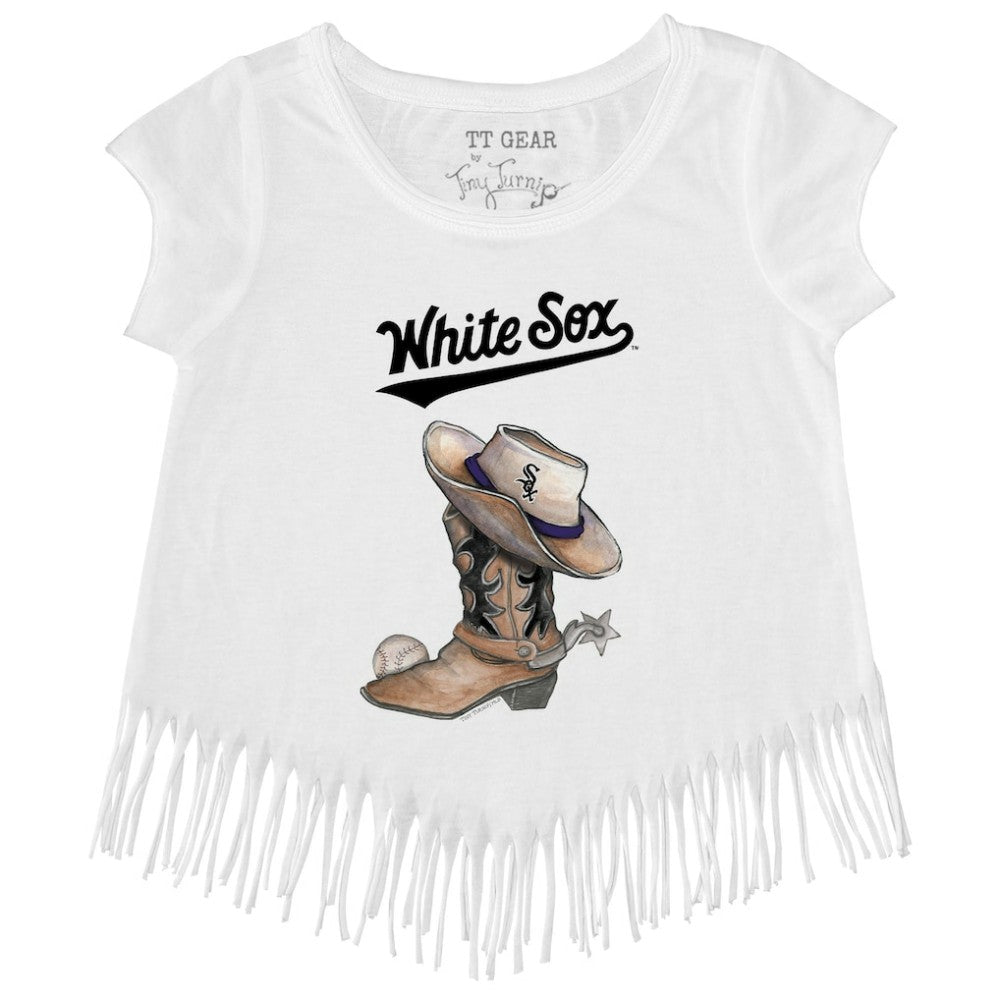 Chicago White Sox Tiny Turnip Girls Youth Cowboy Boot Fringe T-Shirt White