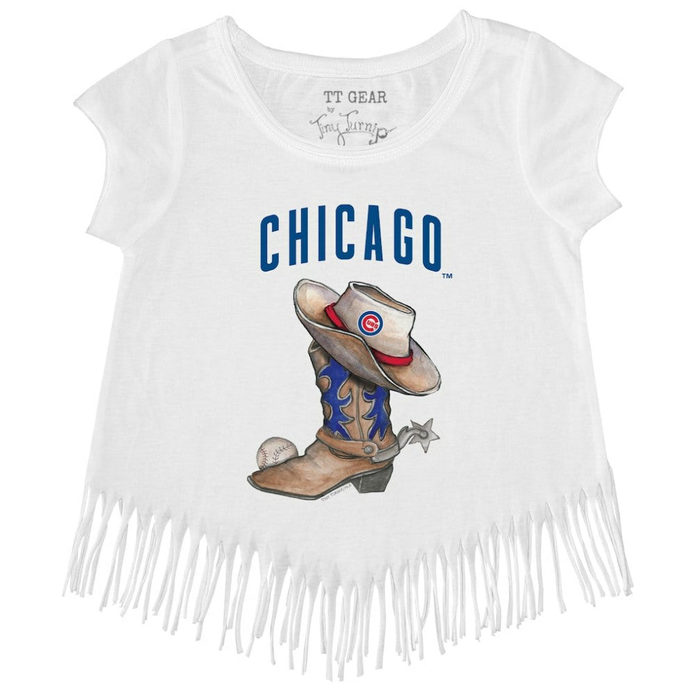 Chicago Cubs Tiny Turnip Girls Youth Cowboy Boot Fringe T-Shirt White