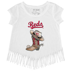 Cincinnati Reds Tiny Turnip Girls Youth Cowboy Boot Fringe T-Shirt White