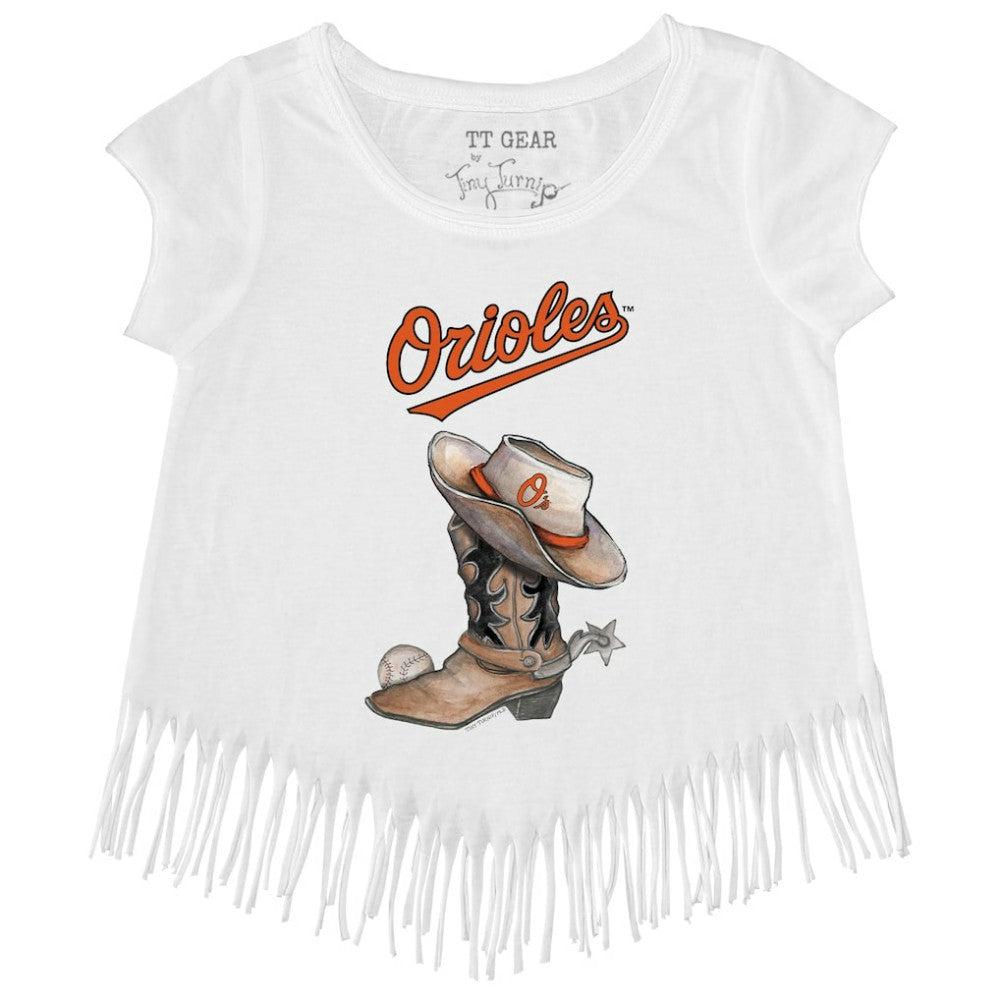 Baltimore Orioles Tiny Turnip Girls Youth Cowboy Boot Fringe T-Shirt White