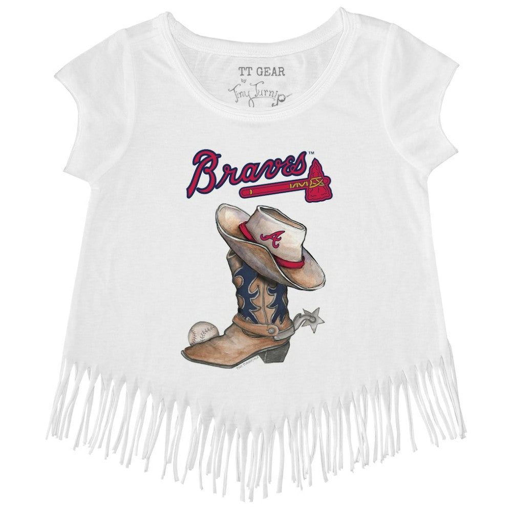 Atlanta Braves Tiny Turnip Girls Youth Cowboy Boot Fringe T-Shirt White