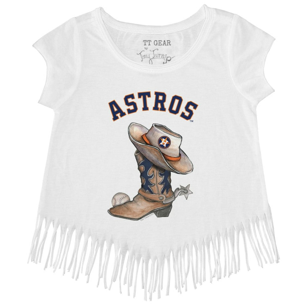 Houston Astros Tiny Turnip Girls Youth Cowboy Boot Fringe T-Shirt White