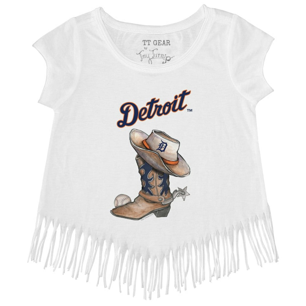 Detroit Tigers Tiny Turnip Girls Youth Cowboy Boot Fringe T-Shirt White