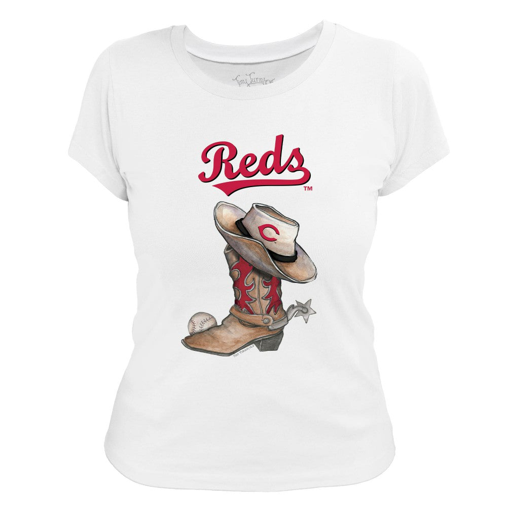 Cincinnati Reds Tiny Turnip Women's Cowboy Boot T-Shirt White