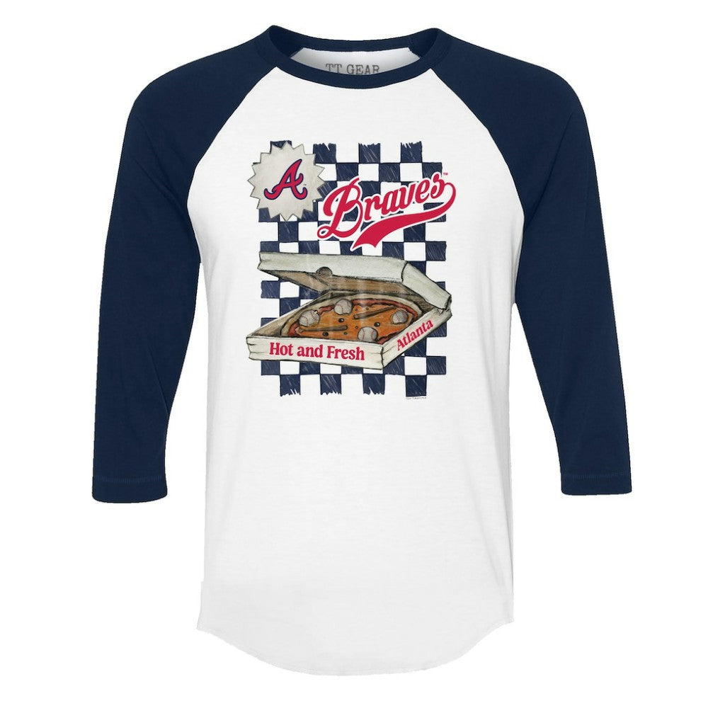 Atlanta Braves Tiny Turnip Women's Pizza 3/4-Sleeve Raglan Baseball T-Shirt White/Navy