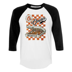 Baltimore Orioles Tiny Turnip Women's Pizza 3/4-Sleeve Raglan Baseball T-Shirt White/Black