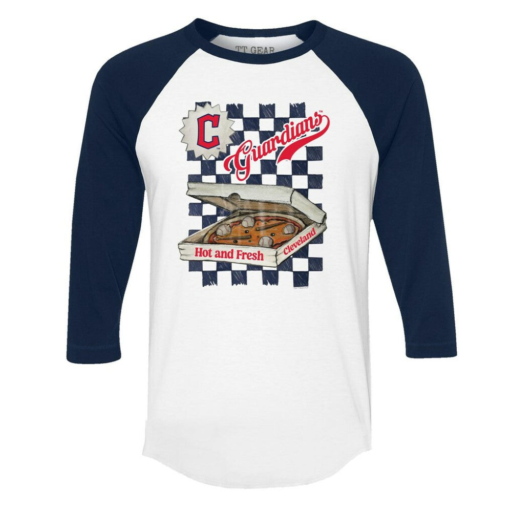Cleveland Guardians Tiny Turnip Women's Pizza 3/4-Sleeve Raglan Baseball T-Shirt White/Navy