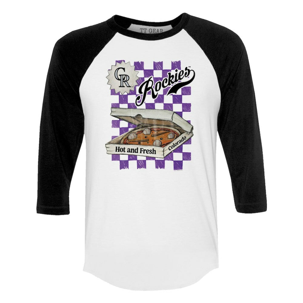 Colorado Rockies Tiny Turnip Women's Pizza 3/4-Sleeve Raglan Baseball T-Shirt White/Black