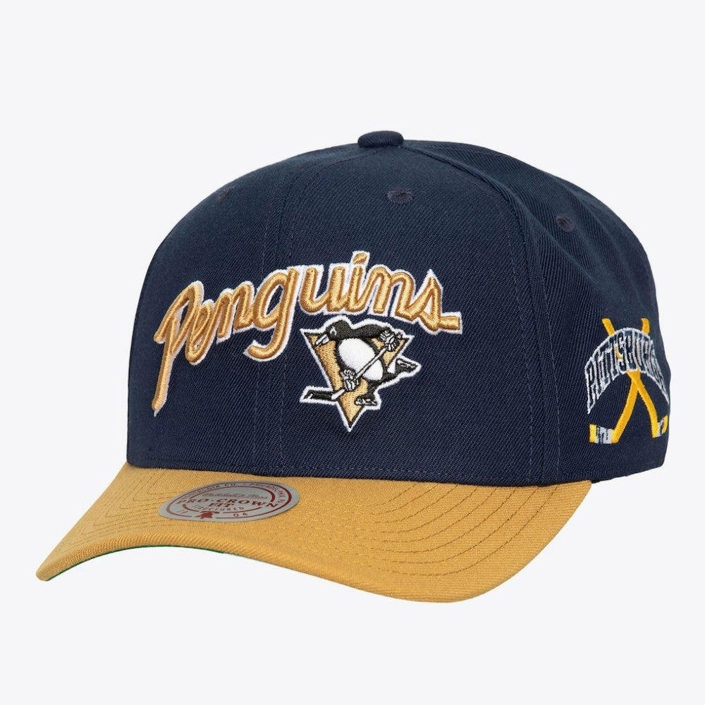 Pittsburgh Penguins Mitchell & Ness x Just Don Wave Script Pro Strapback Hat Navy/Gold