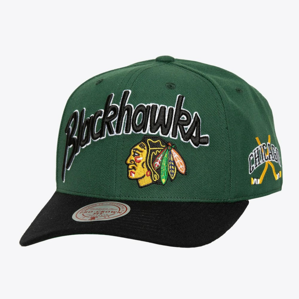 Chicago Blackhawks Mitchell & Ness x Just Don Wave Script Pro Strapback Hat Green/Black