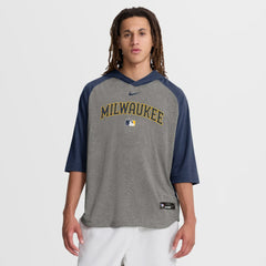 Milwaukee Brewers Authentic Collection Flux Dri-FIT Raglan 3/4-Sleeve Hooded T-Shirt Gray | Nike