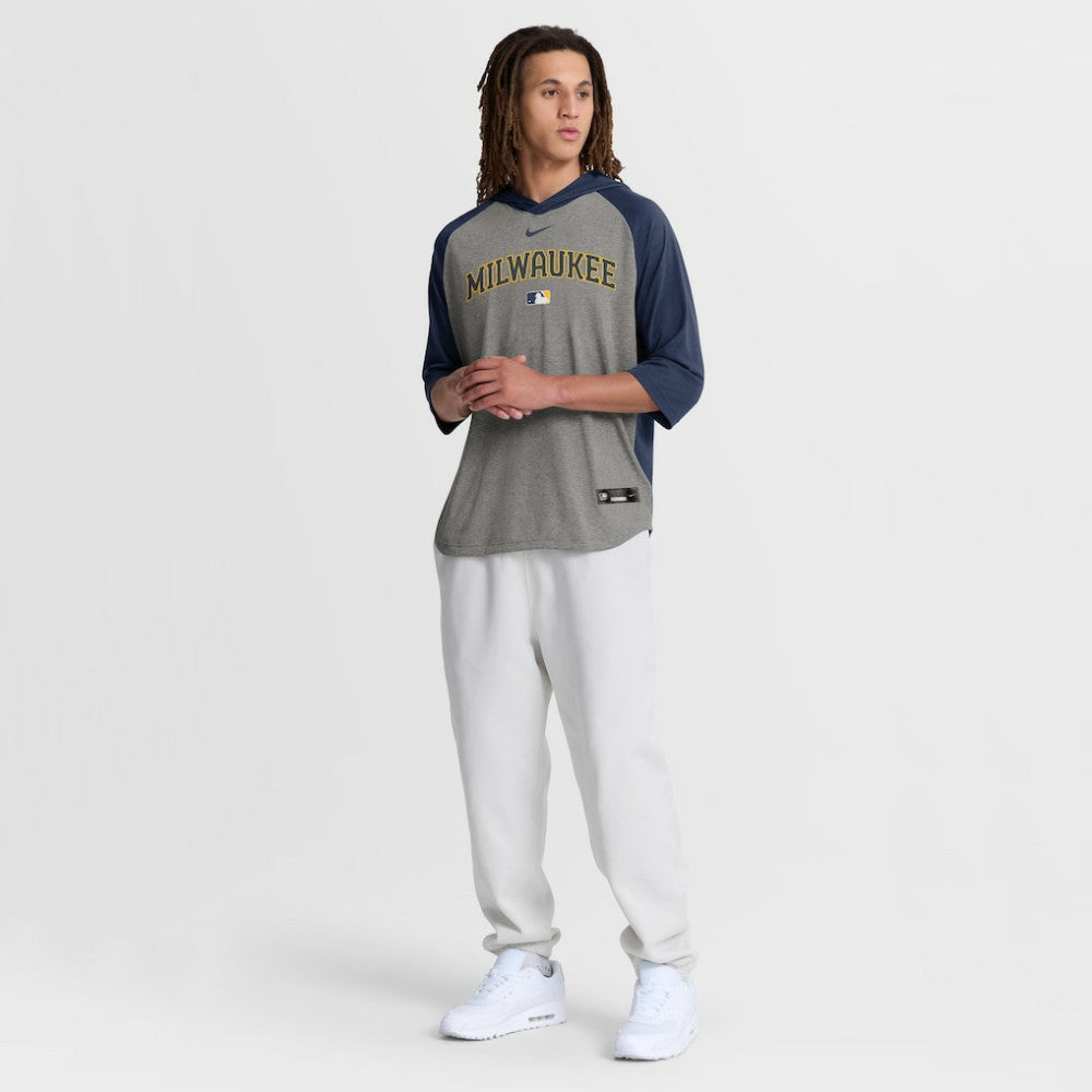 Milwaukee Brewers Authentic Collection Flux Dri-FIT Raglan 3/4-Sleeve Hooded T-Shirt Gray | Nike