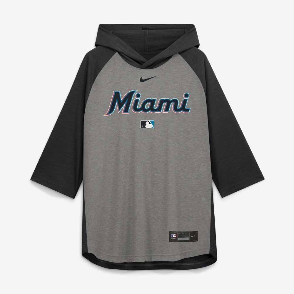 Miami Marlins Authentic Collection Flux Dri-FIT Raglan 3/4-Sleeve Hooded T-Shirt Gray | Nike