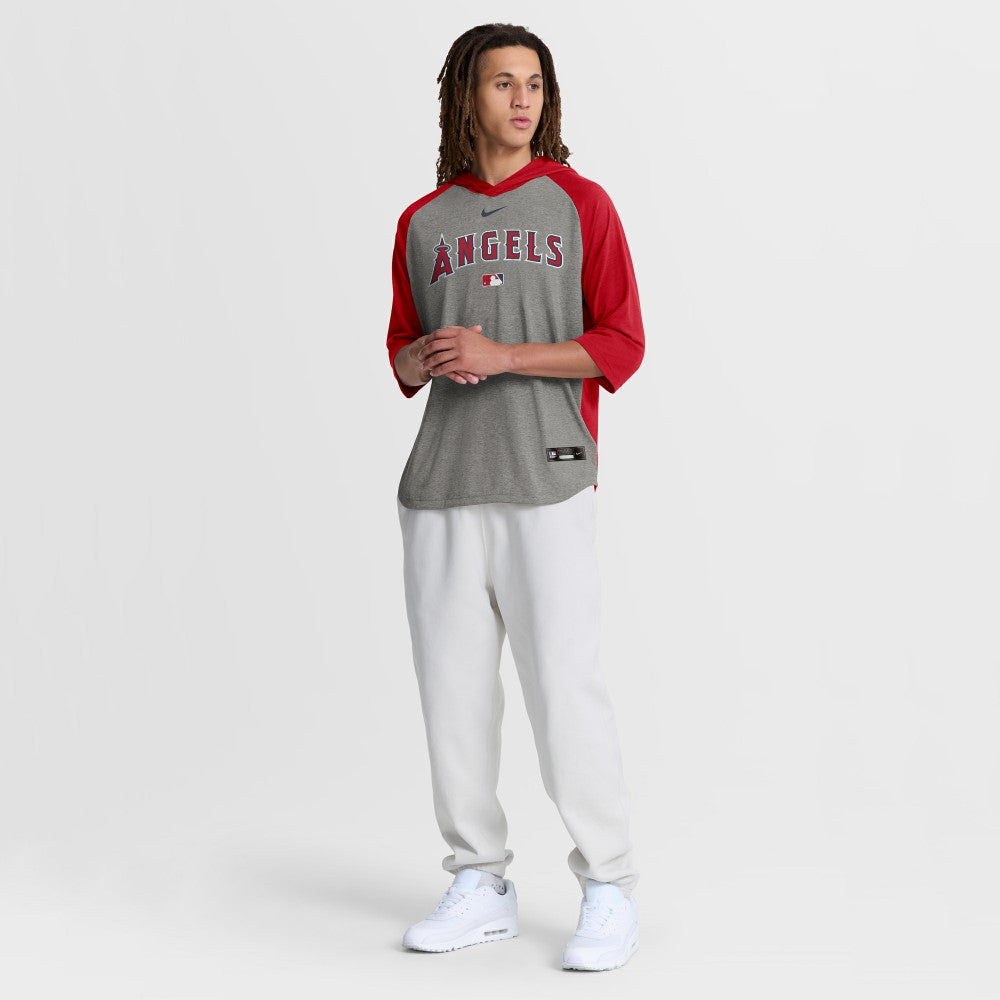 Los Angeles Angels Authentic Collection Flux Dri-FIT Raglan 3/4-Sleeve Hooded T-Shirt Gray | Nike